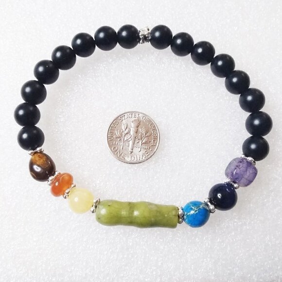 8" Chakra Stretch Bracelet w. Carnelian, Citrine Jasper, Tigereye & Agate Stone - Picture 4 of 9